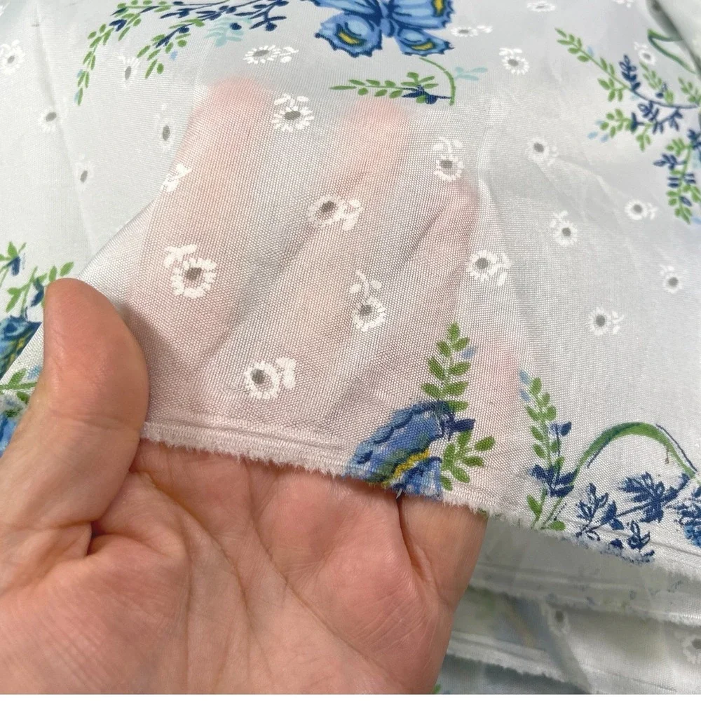 7 Yards White Blue Butterfly Floral Eyelet Sheer Fabric Panels Cottagecore DIY‎